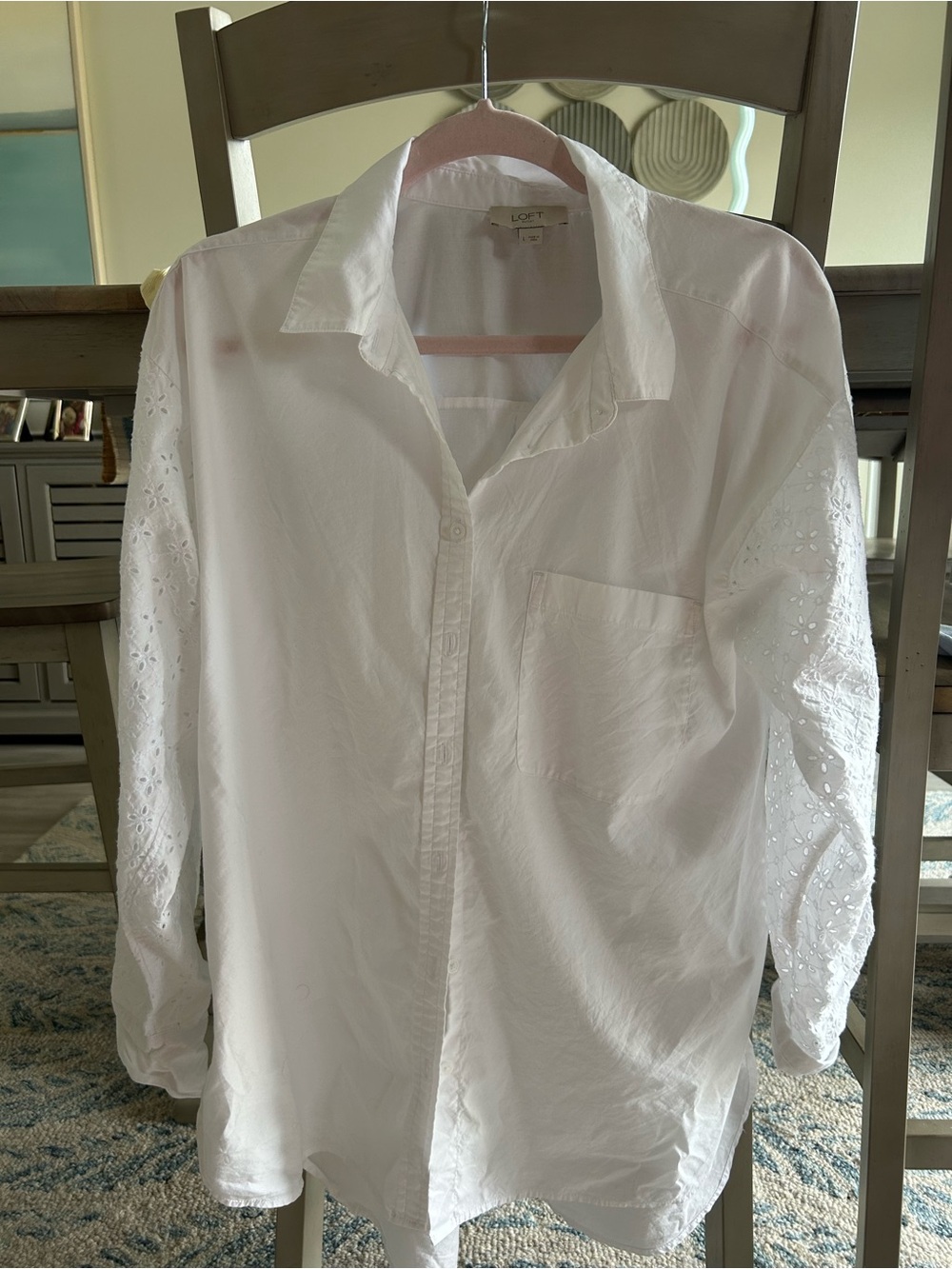 LOFT White Long-Sleeve Button-Down Shirt with Eyelet Sleeves